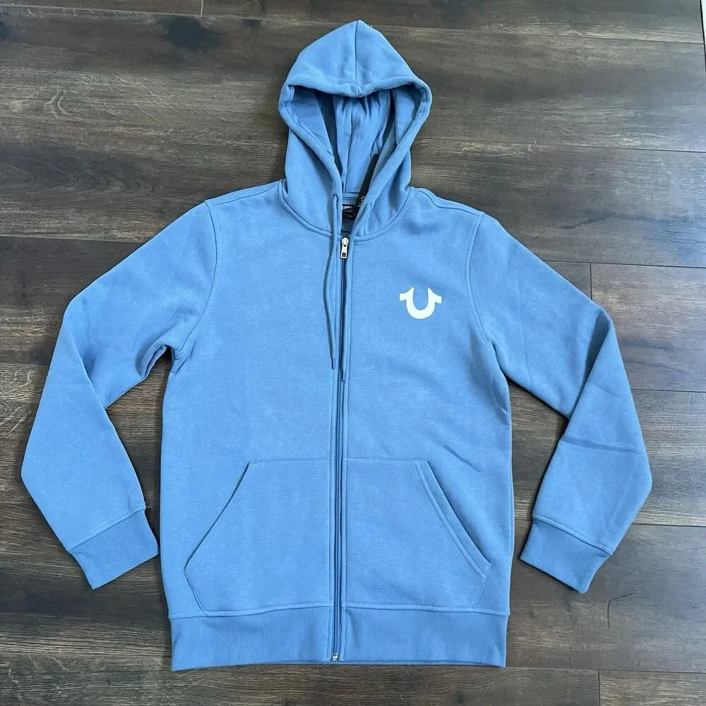 True Religion Hoodie Mens Size Small Blue Zip Up Buddha Horseshoe Logo NWT Y2K